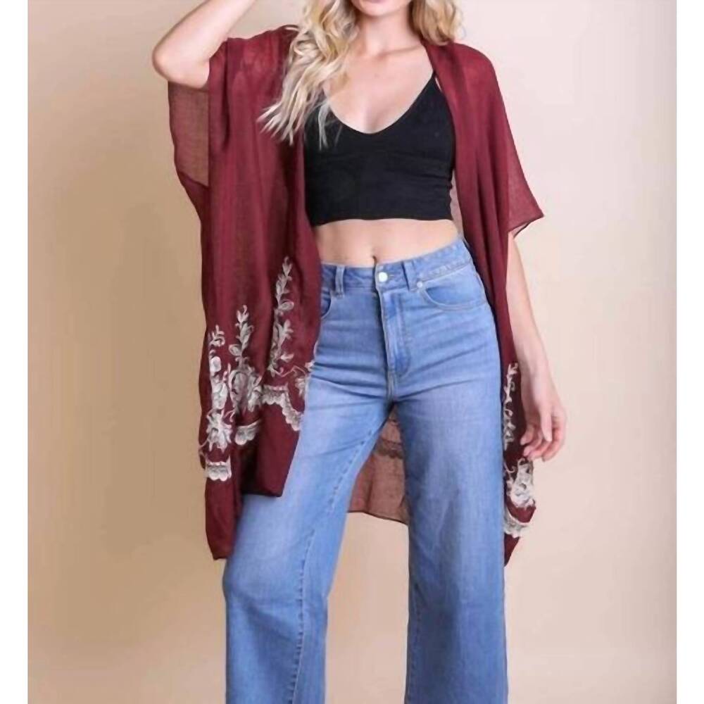 NEW LETO lightweight floral embroidered tassels boho festival kimono wrap in ros